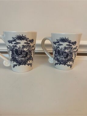 Country Blue Rooster Chicken California Pantry Ceramic Coffee Cups Mugs Set 2